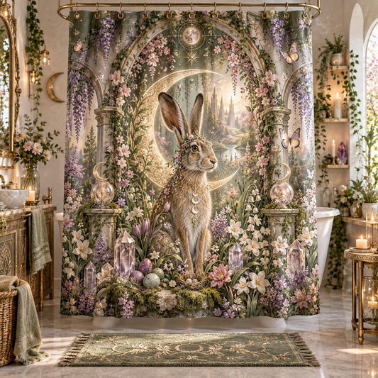 Ostara Shower Curtain - Moon Hare Pagan Spring Bathroom Decor