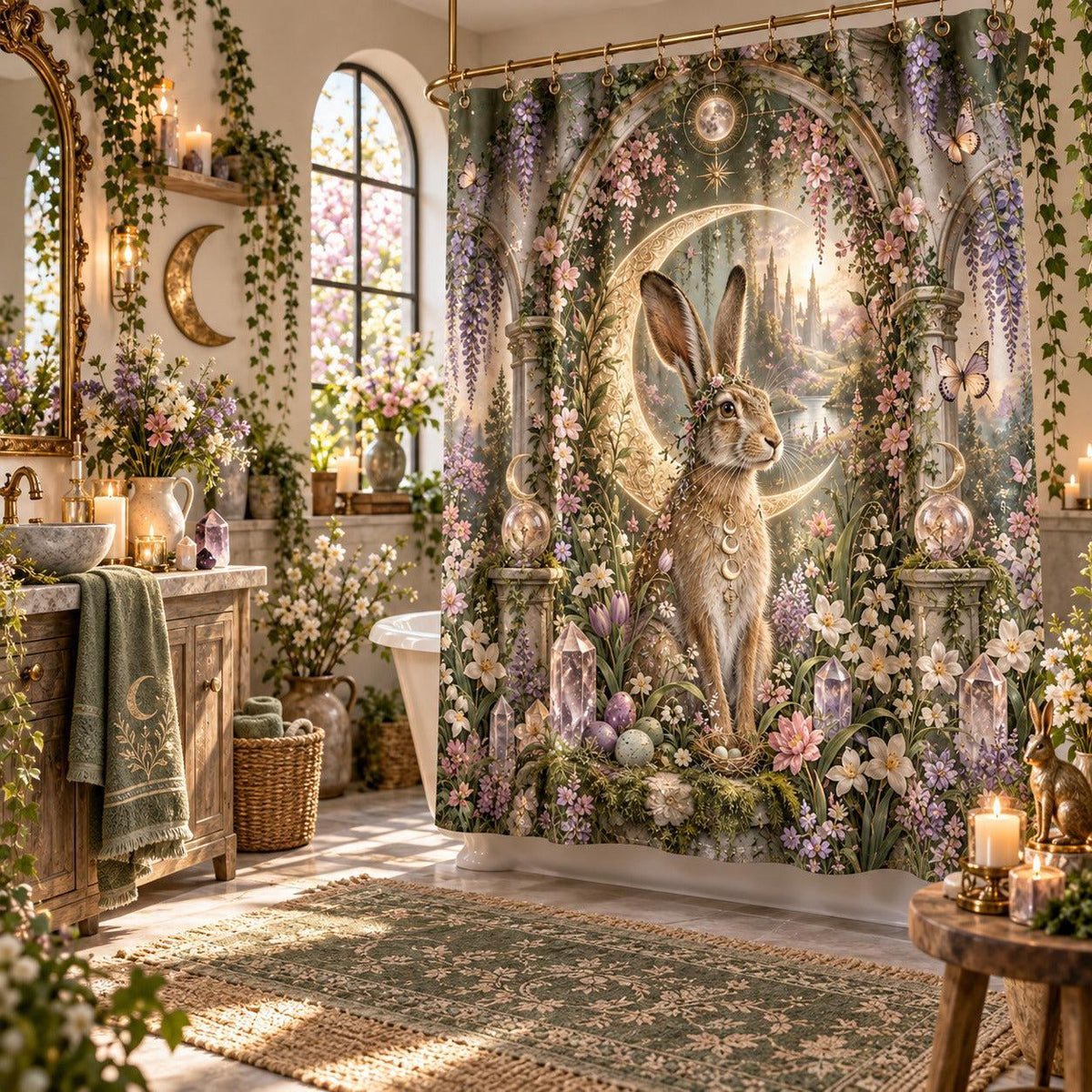 Ostara Shower Curtain - Moon Hare Pagan Spring Bathroom Decor, styled shot 2