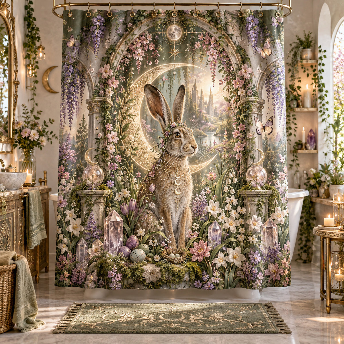 Ostara Shower Curtain - Moon Hare Pagan Spring Bathroom Decor