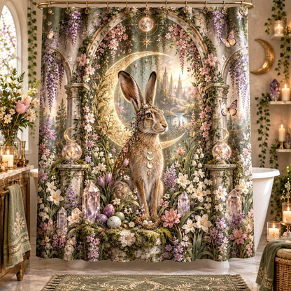 Ostara Shower Curtain - Moon Hare Pagan Spring Bathroom Decor