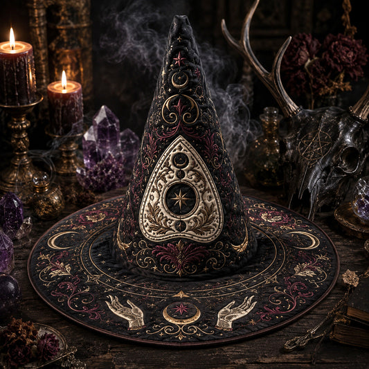 Ouija Gothic Witch Hat – Seance Spirit Occult Wide Brim Hat – styled with candles and crystals