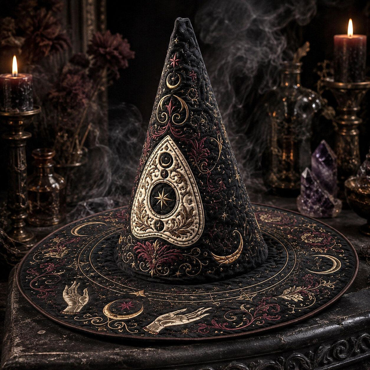 Ouija Gothic Witch Hat – Seance Spirit Occult Wide Brim Hat – quilting and print detail