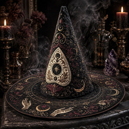 Ouija Gothic Witch Hat – Seance Spirit Occult Wide Brim Hat – quilting and print detail