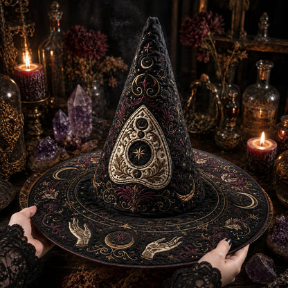 Ouija Gothic Witch Hat – Seance Spirit Occult Wide Brim Hat – on an altar table