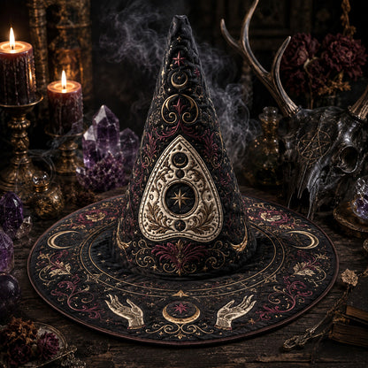 Ouija Gothic Witch Hat – Seance Spirit Occult Wide Brim Hat – styled with candles and crystals