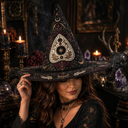 Ouija Gothic Witch Hat – Seance Spirit Occult Wide Brim Hat – worn, front view