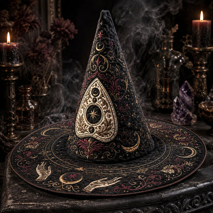 Ouija Gothic Witch Hat – Seance Spirit Occult Wide Brim Hat – quilting and print detail