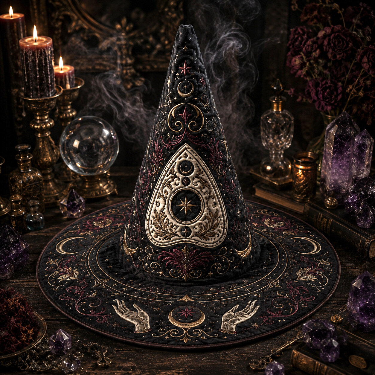Ouija Gothic Witch Hat – Seance Spirit Occult Wide Brim Hat – held in both hands