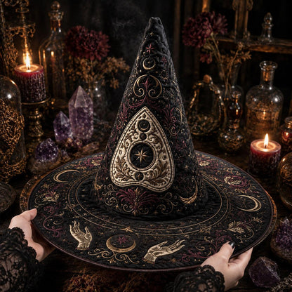 Ouija Gothic Witch Hat – Seance Spirit Occult Wide Brim Hat – on an altar table