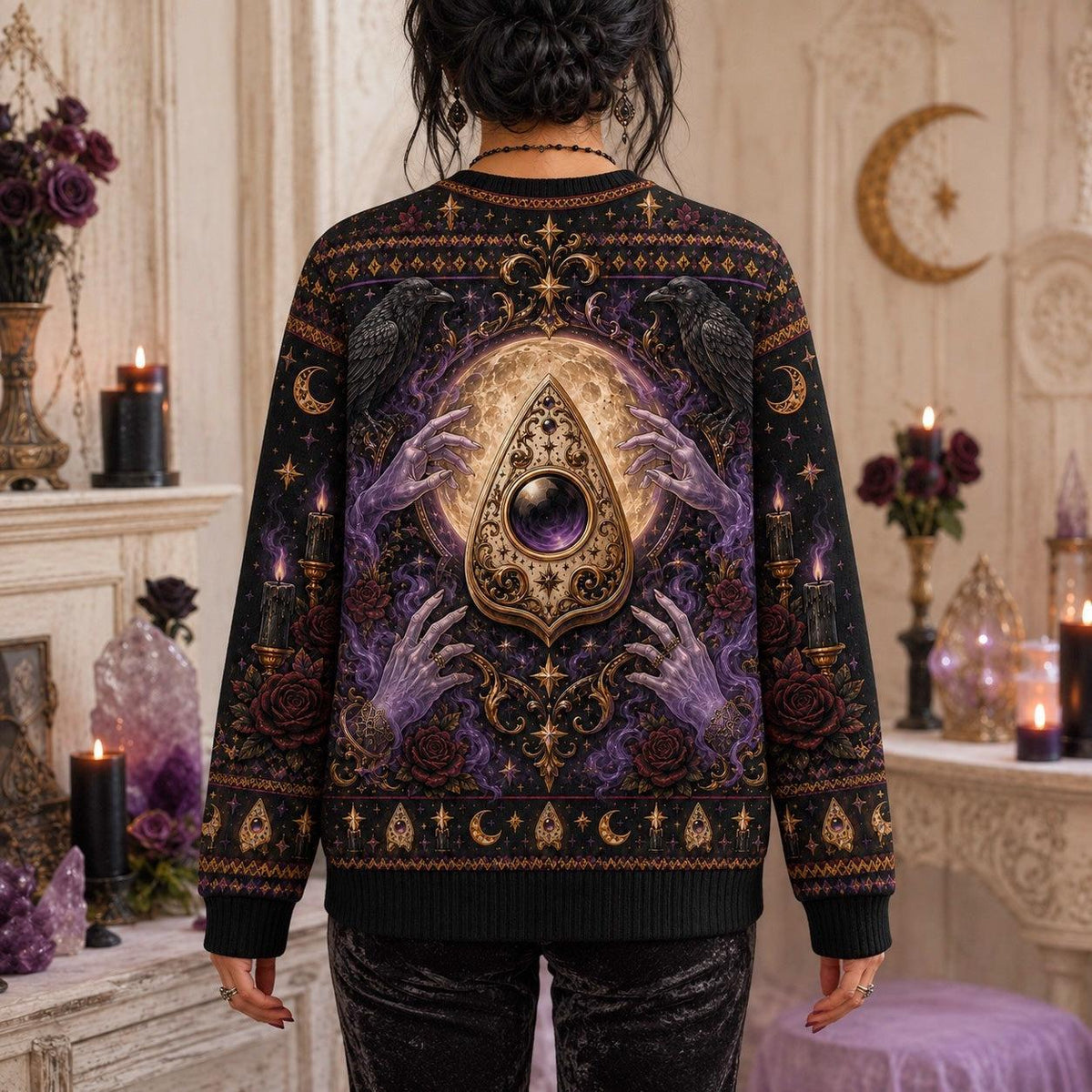 Ouija Planchette Sweater Raven Rose Gold Purple Gothic Knit worn, back view
