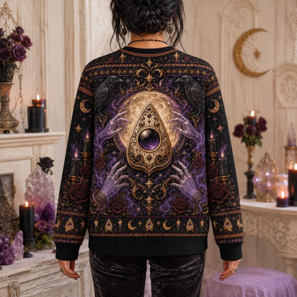 Ouija Planchette Sweater Raven Rose Gold Purple Gothic Knit worn, back view