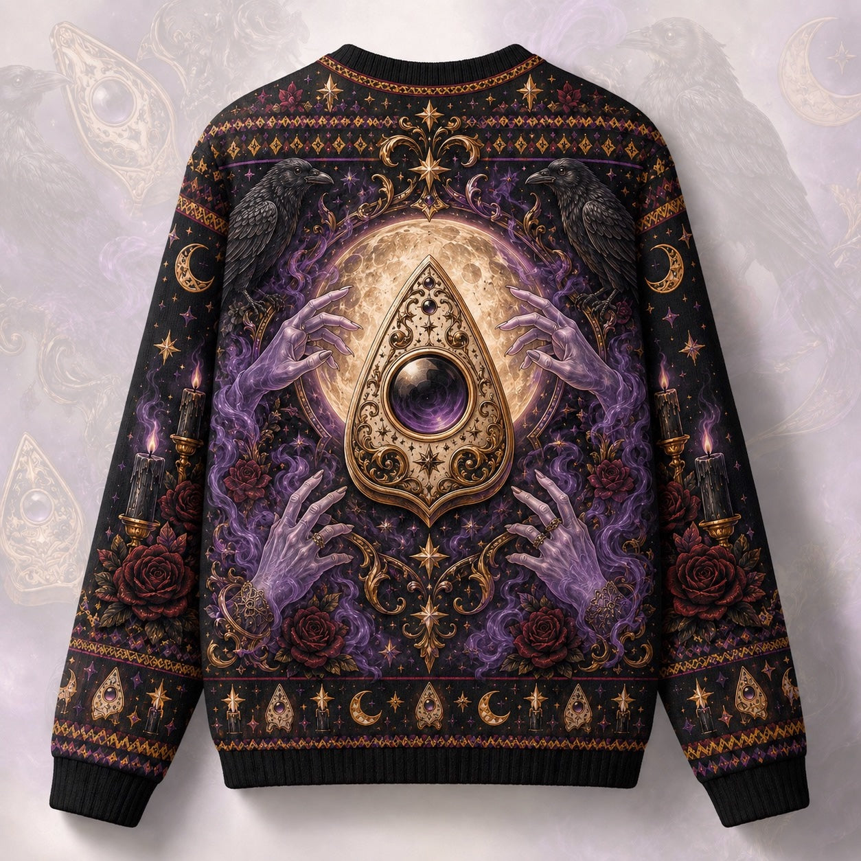 Ouija Planchette Sweater Raven Rose Gold Purple Gothic Knit back view