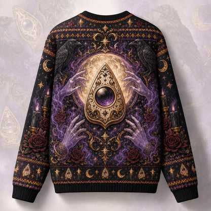 Ouija Planchette Sweater Raven Rose Gold Purple Gothic Knit back view