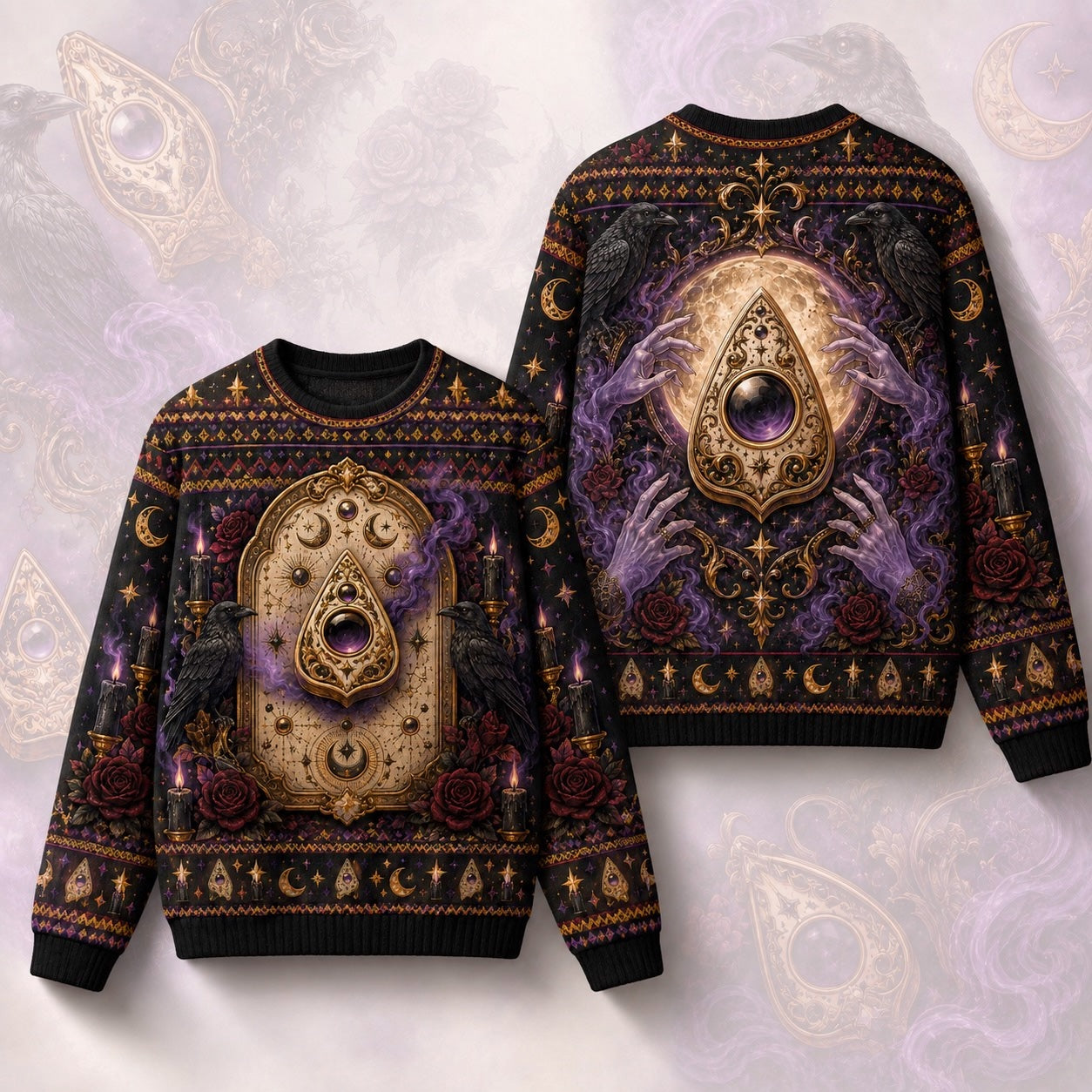 Ouija Planchette Sweater Raven Rose Gold Purple Gothic Knit front and back together