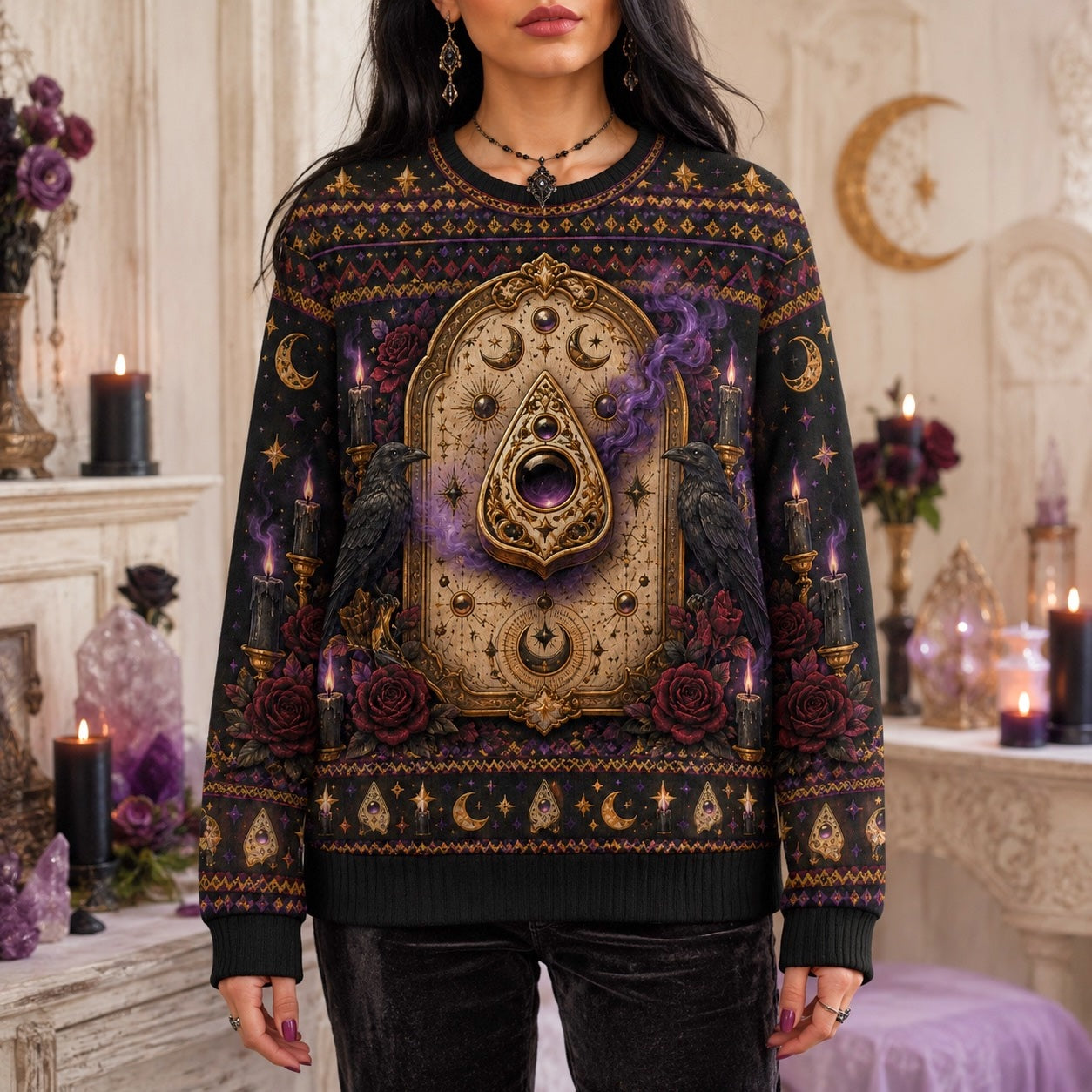 Ouija Planchette Sweater Raven Rose Gold Purple Gothic Knit worn, front view