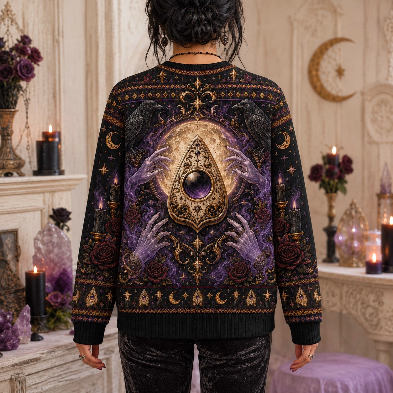 Ouija Planchette Sweater Raven Rose Gold Purple Gothic Knit worn, back view
