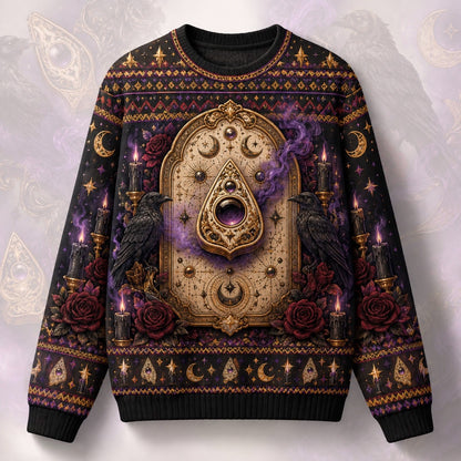 Ouija Planchette Sweater Raven Rose Gold Purple Gothic Knit front view