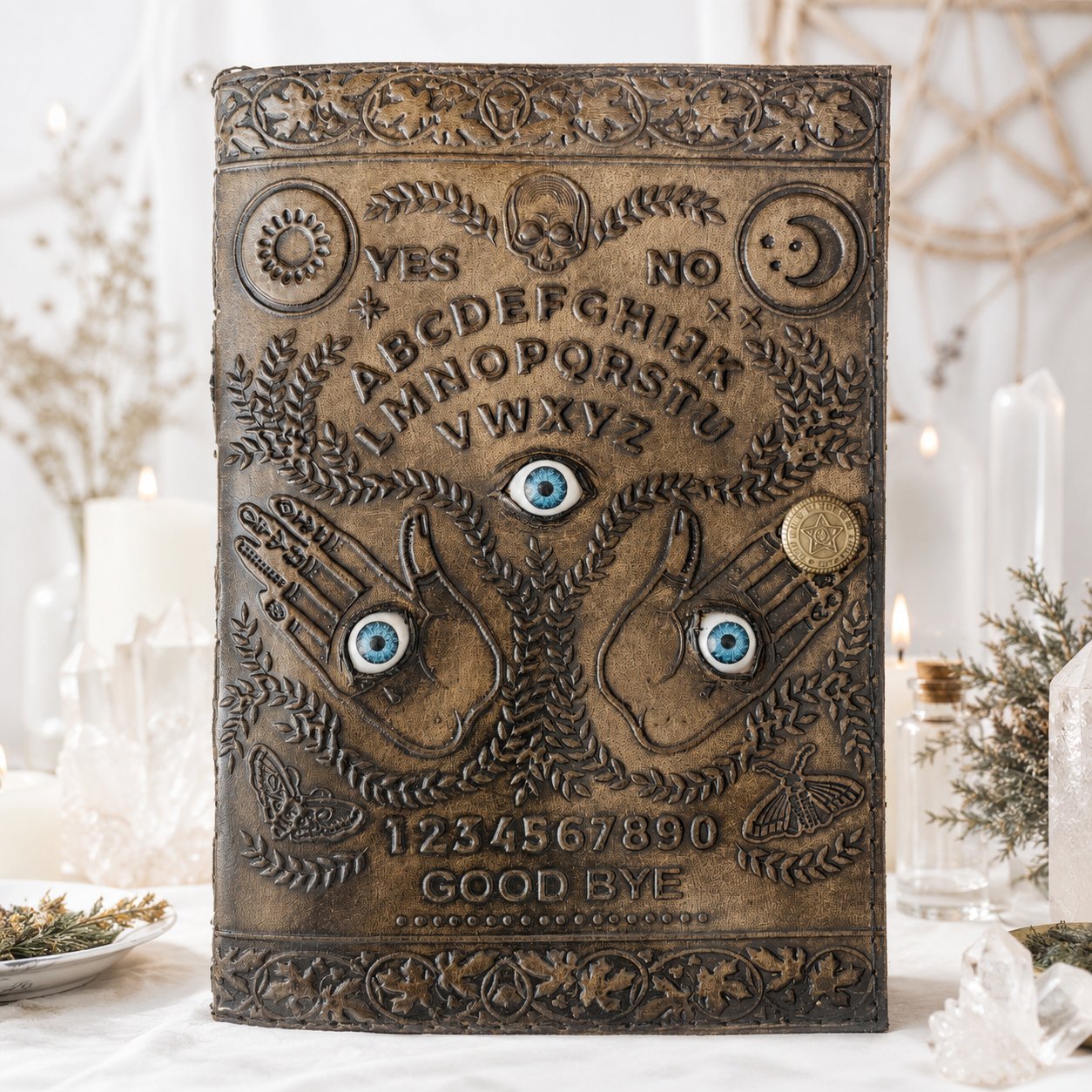 Ouija Three Eyes Leather Journal – Antique Witch Grimoire Deckle Edge Pages – leather journal, back cover view