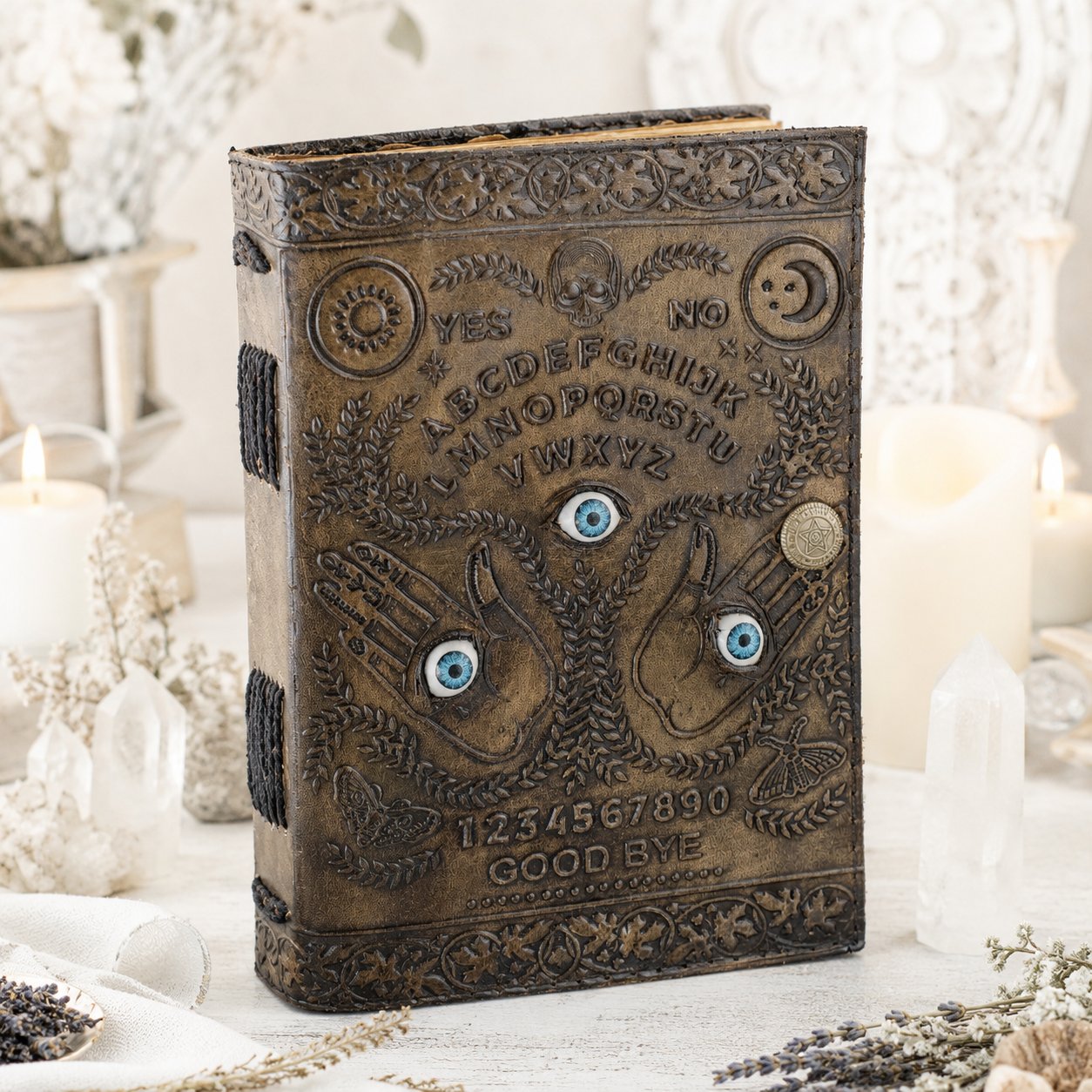 Ouija Three Eyes Leather Journal – Antique Witch Grimoire Deckle Edge Pages – leather journal, open blank pages view
