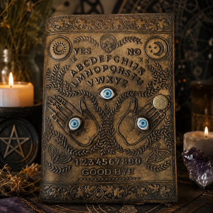 Ouija Three Eyes Leather Journal – Antique Witch Grimoire Deckle Edge Pages – leather journal, close-up cover detail