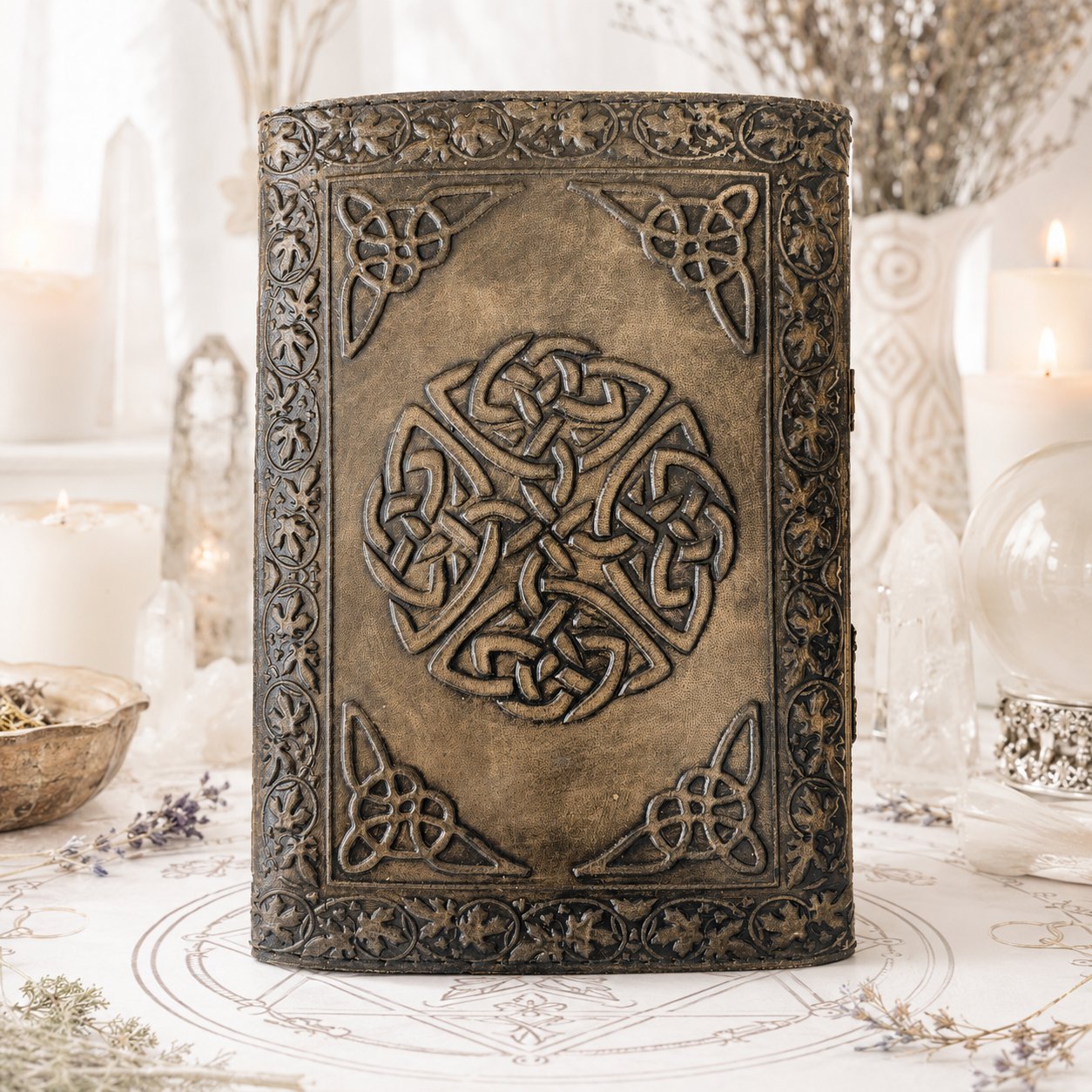 Ouija Three Eyes Leather Journal – Antique Witch Grimoire Deckle Edge Pages – leather journal, size and scale view