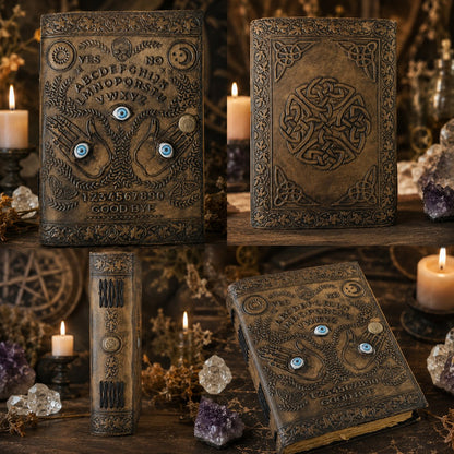 Ouija Three Eyes Leather Journal – Antique Witch Grimoire Deckle Edge Pages-MoonChildWorld