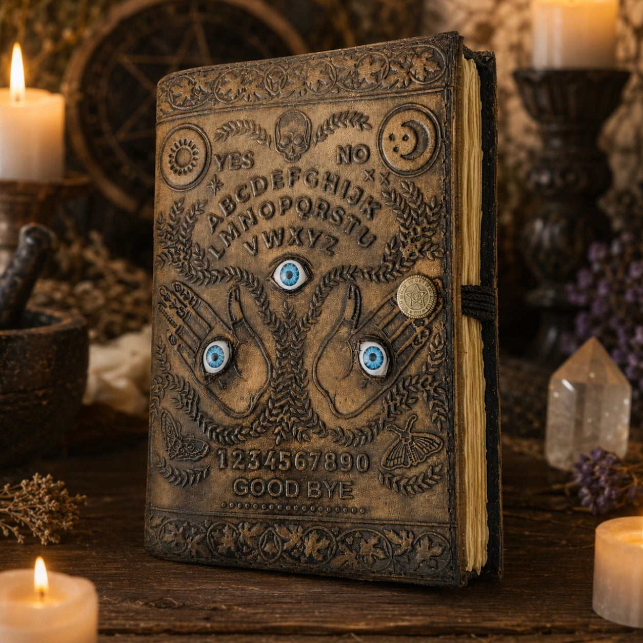 Ouija Three Eyes Leather Journal – Antique Witch Grimoire Deckle Edge Pages – leather journal, front cover view