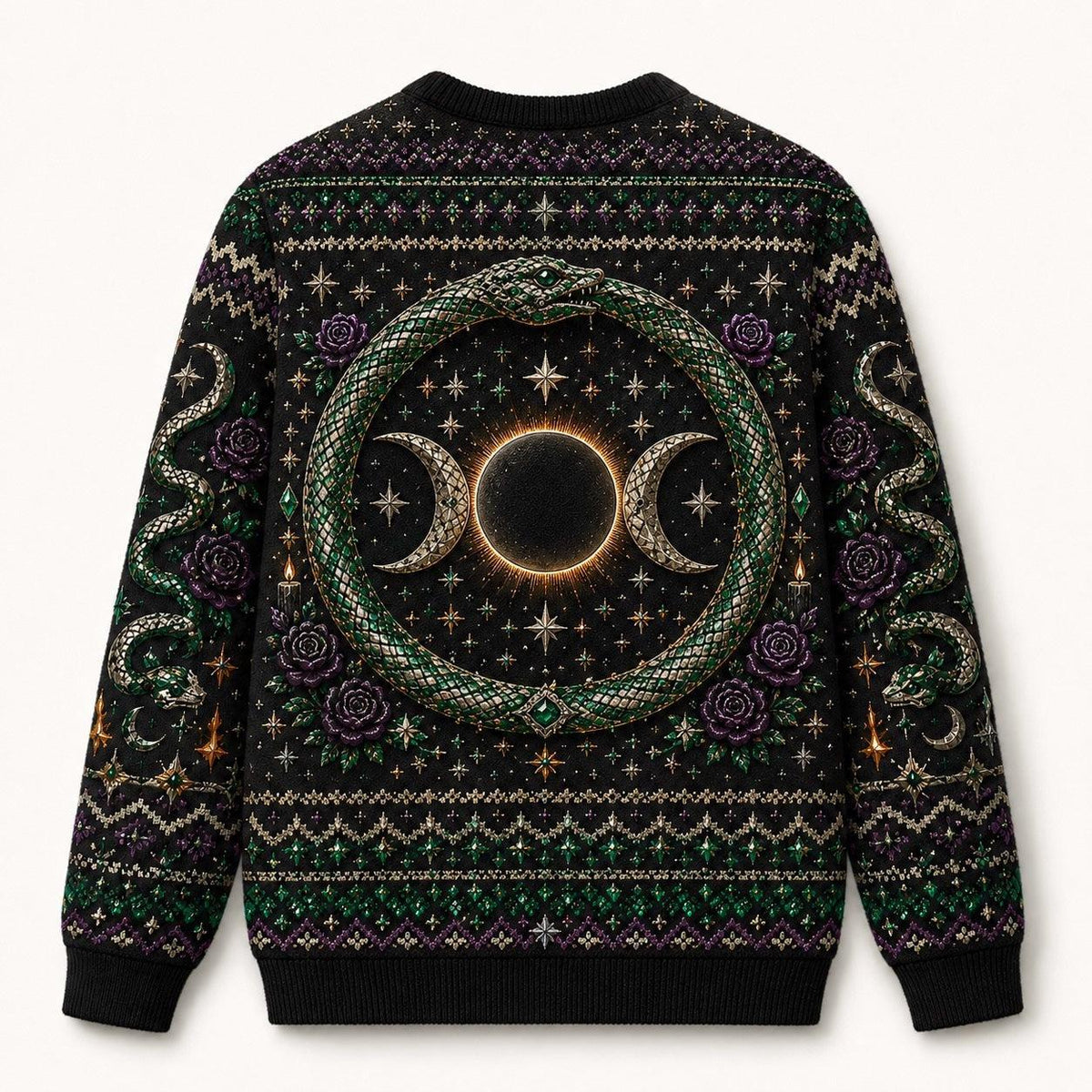 Serpent Circle Witch Sweater Ouroboros Triple Moon Green Knit back view