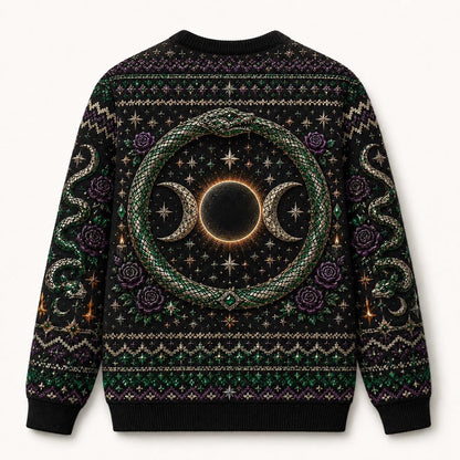 Serpent Circle Witch Sweater Ouroboros Triple Moon Green Knit back view