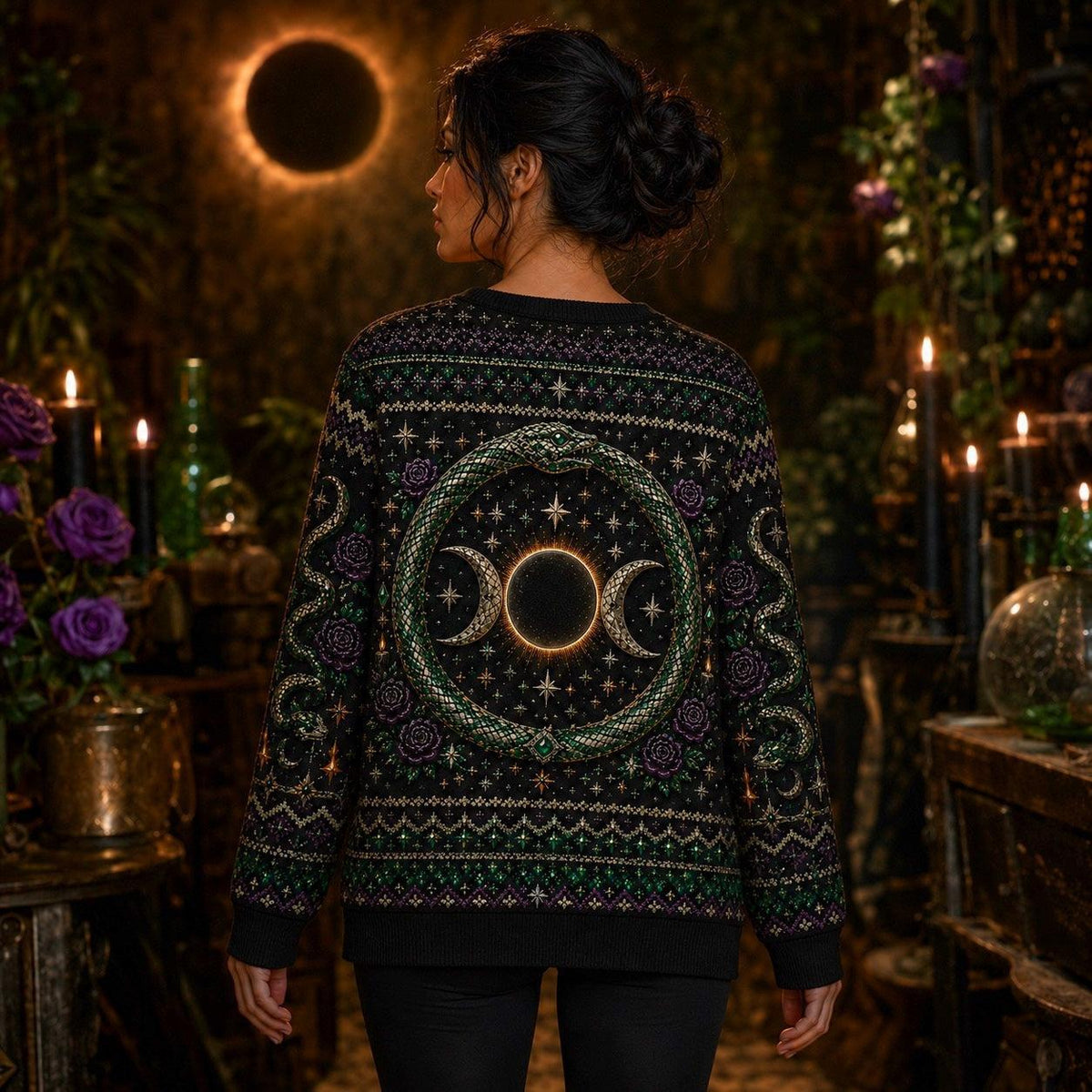 Serpent Circle Witch Sweater Ouroboros Triple Moon Green Knit worn, back view