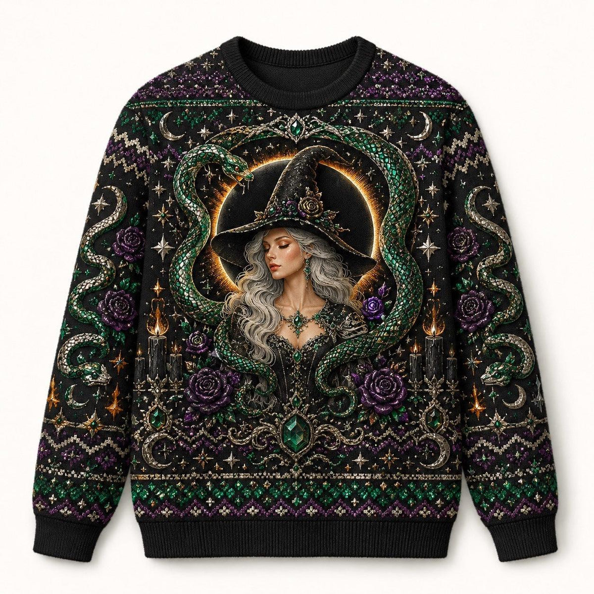 Serpent Circle Witch Sweater Ouroboros Triple Moon Green Knit front view