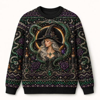 Serpent Circle Witch Sweater Ouroboros Triple Moon Green Knit front view