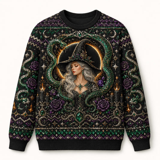 Serpent Circle Witch Sweater Ouroboros Triple Moon Green Knit front view