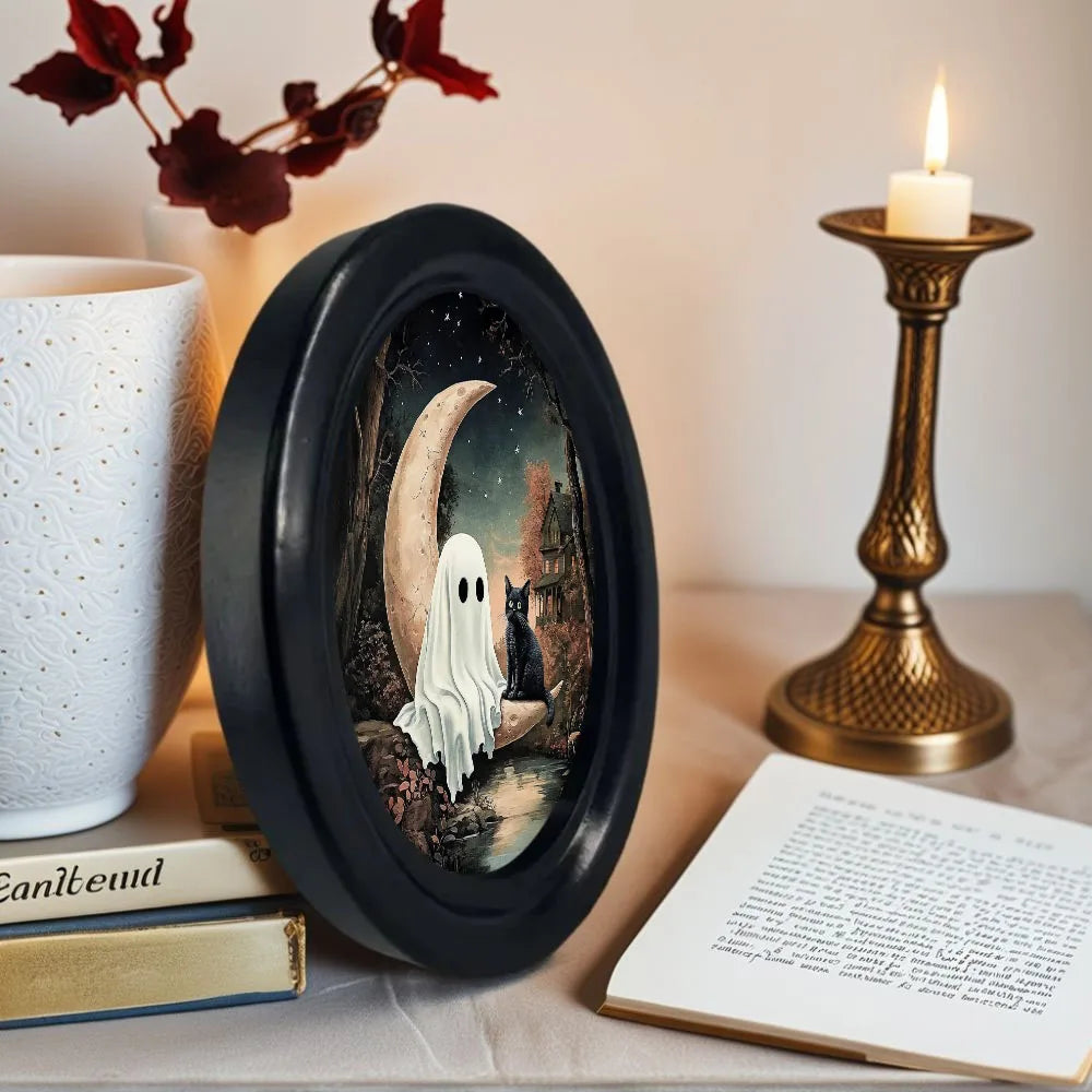 Crescent Moon Black Cat Haunted House Wall Decoration – styled on wall