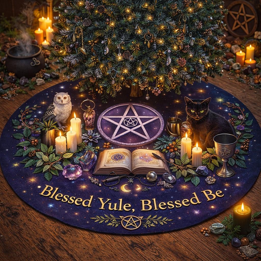 Dark purple velvet Yule tree skirt with a glowing pentacle, owl, black cat, candles, and "Blessed Yule" text.