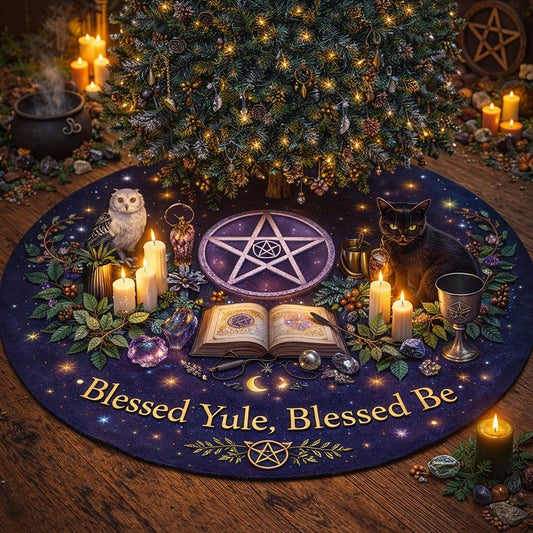 Dark purple velvet Yule tree skirt with a glowing pentacle, owl, black cat, candles, and "Blessed Yule" text.