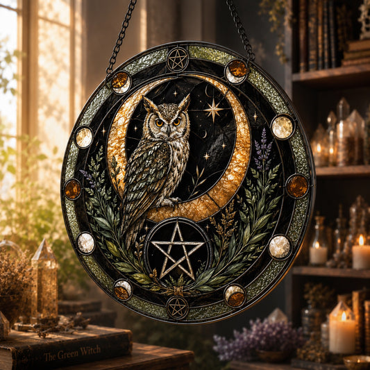 Owl Crescent Moon Pentacle Protection Glass Suncatcher - hanging view
