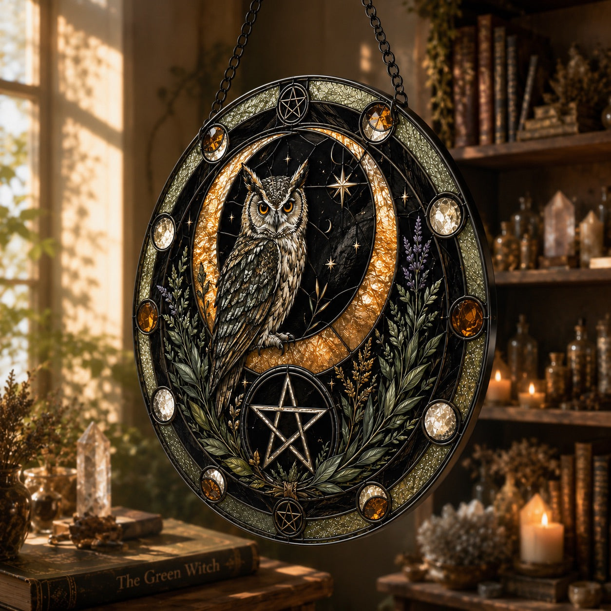Owl Crescent Moon Pentacle Protection Glass Suncatcher - close up detail