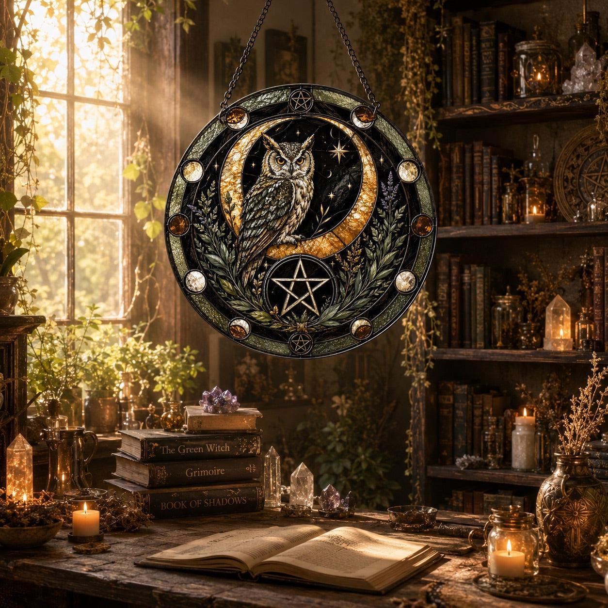 Owl Crescent Moon Pentacle Protection Glass Suncatcher - sunlight glow