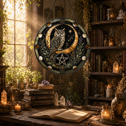 Owl Crescent Moon Pentacle Protection Glass Suncatcher - sunlight glow