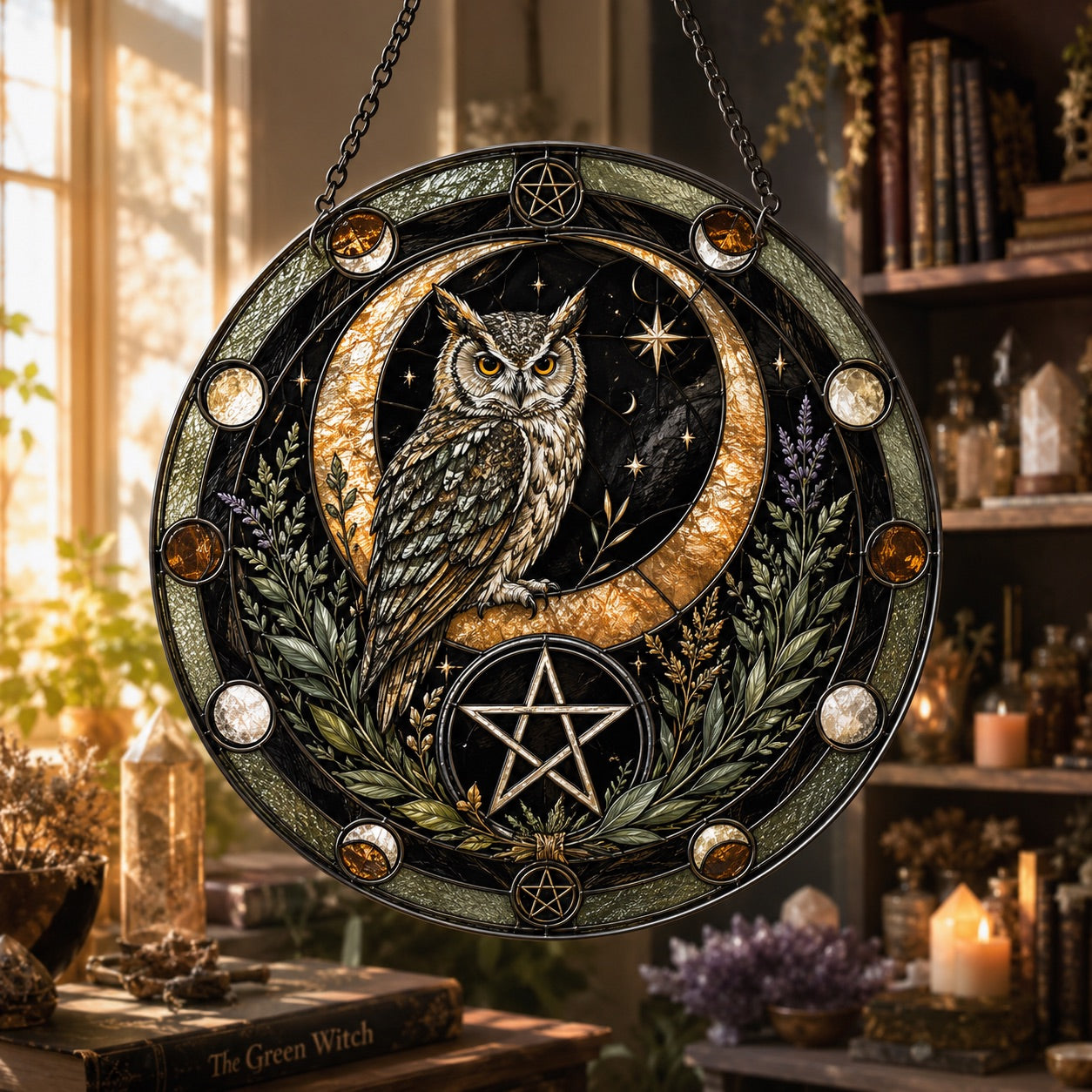Owl Crescent Moon Pentacle Protection Glass Suncatcher - window display