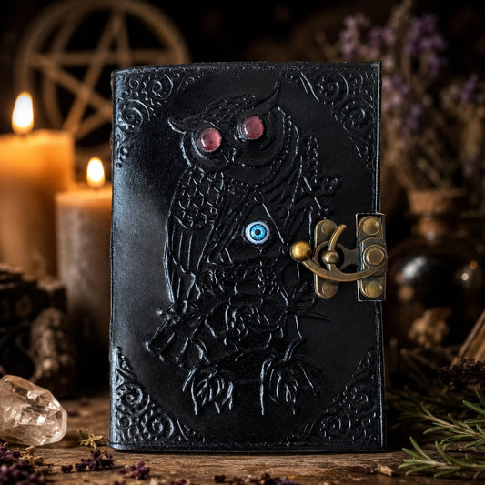 Owl Embossed Leather Journal – Vintage Handmade Witch Grimoire Deckle Pages – leather journal, back cover view