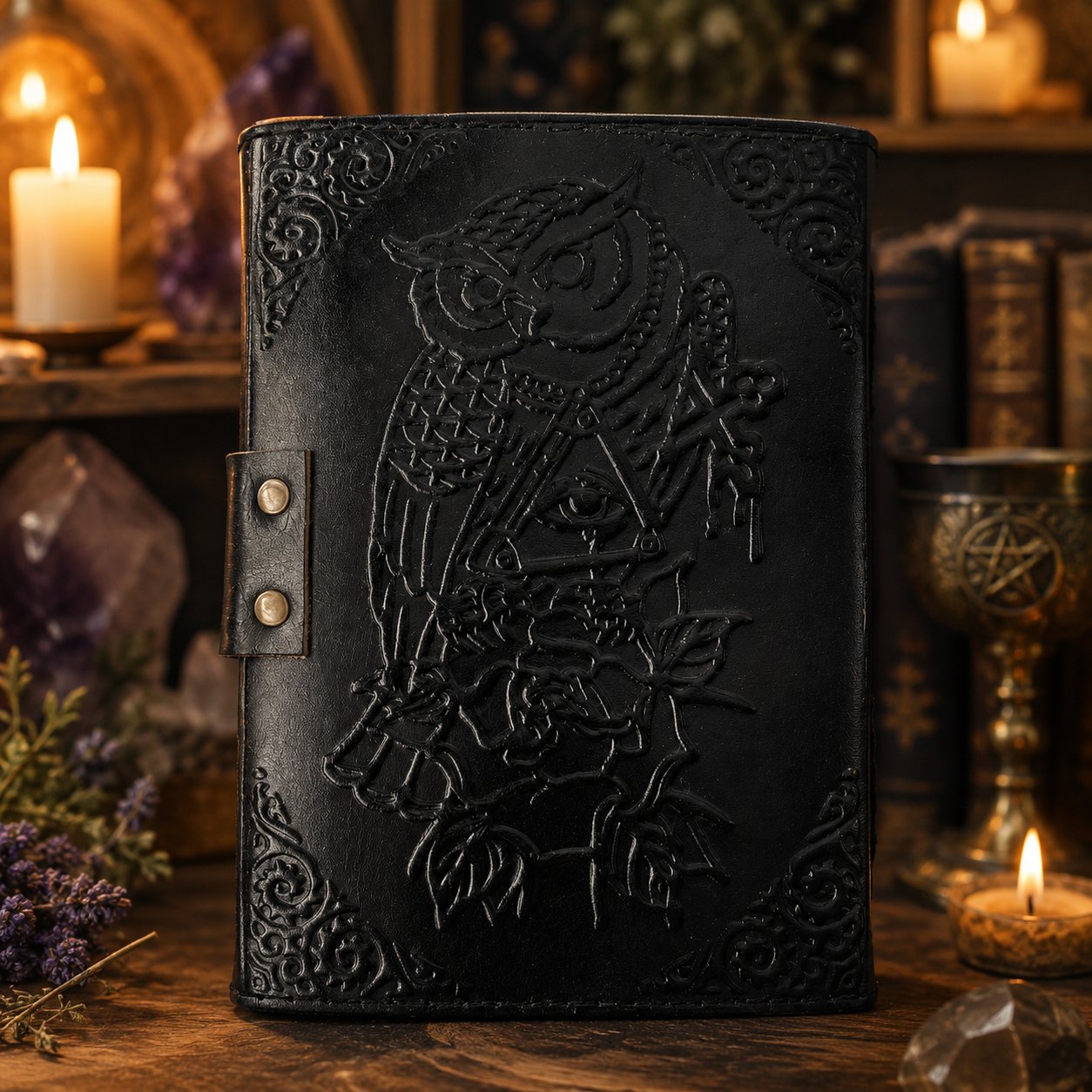 Owl Embossed Leather Journal – Vintage Handmade Witch Grimoire Deckle Pages – leather journal, open blank pages view