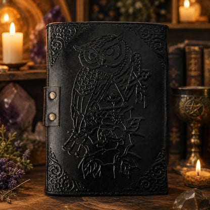 Owl Embossed Leather Journal – Vintage Handmade Witch Grimoire Deckle Pages – leather journal, open blank pages view