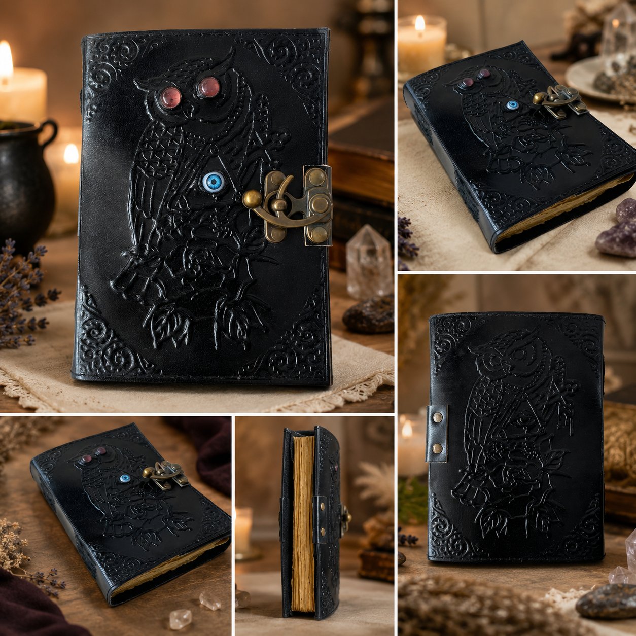 Owl Embossed Leather Journal – Vintage Handmade Witch Grimoire Deckle Pages – leather journal, close-up cover detail