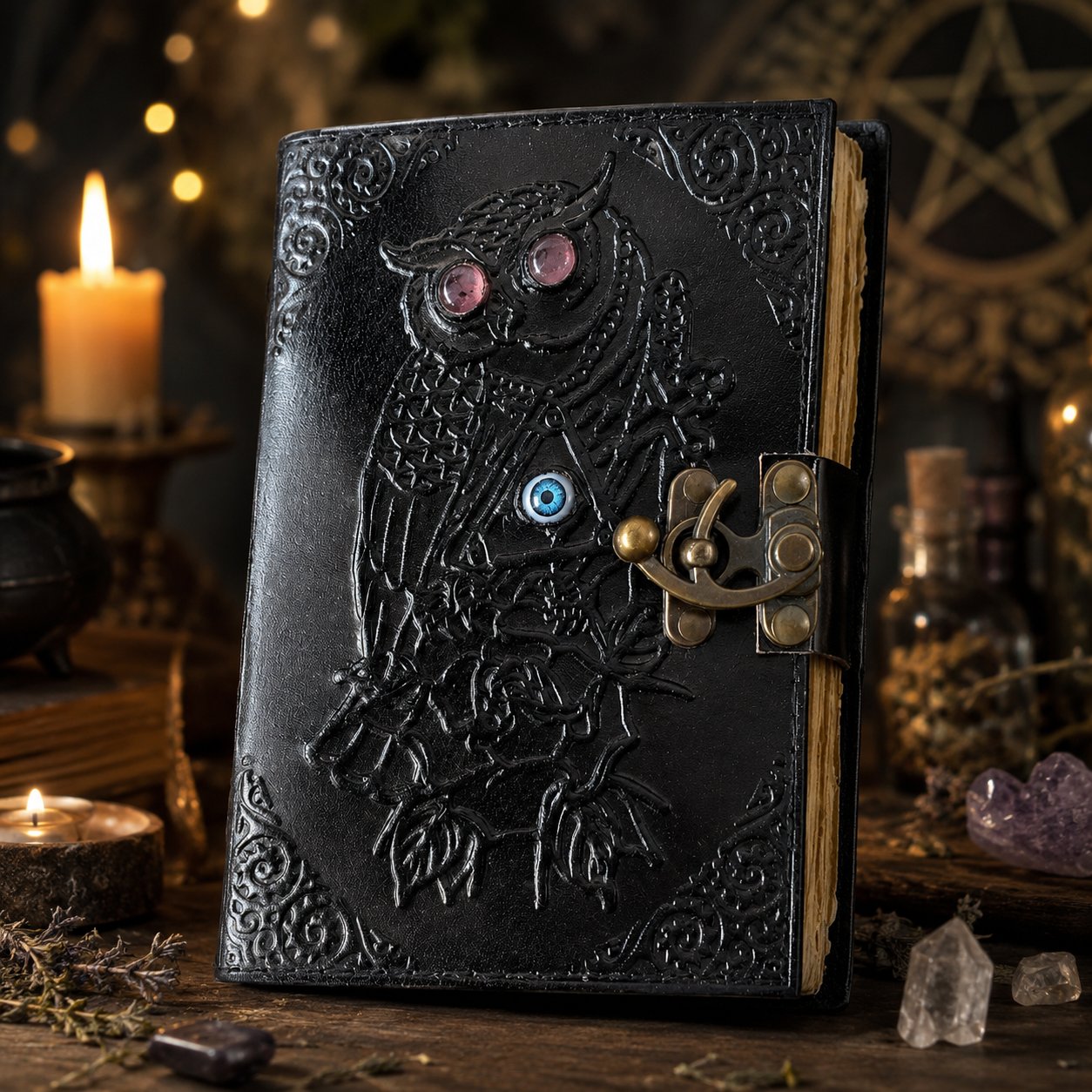 Owl Embossed Leather Journal – Vintage Handmade Witch Grimoire Deckle Pages – leather journal, front cover view