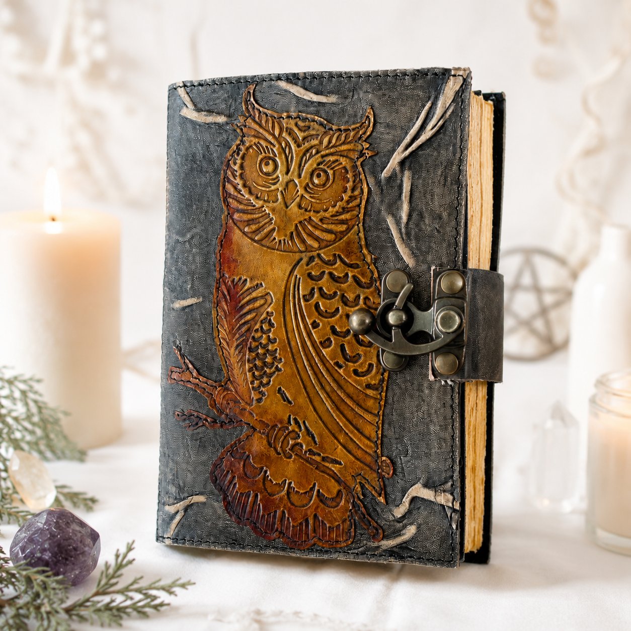Owl Embossed Leather Journal with Brass Lock – Vintage Handmade Witch Grimoire – leather journal, back cover view