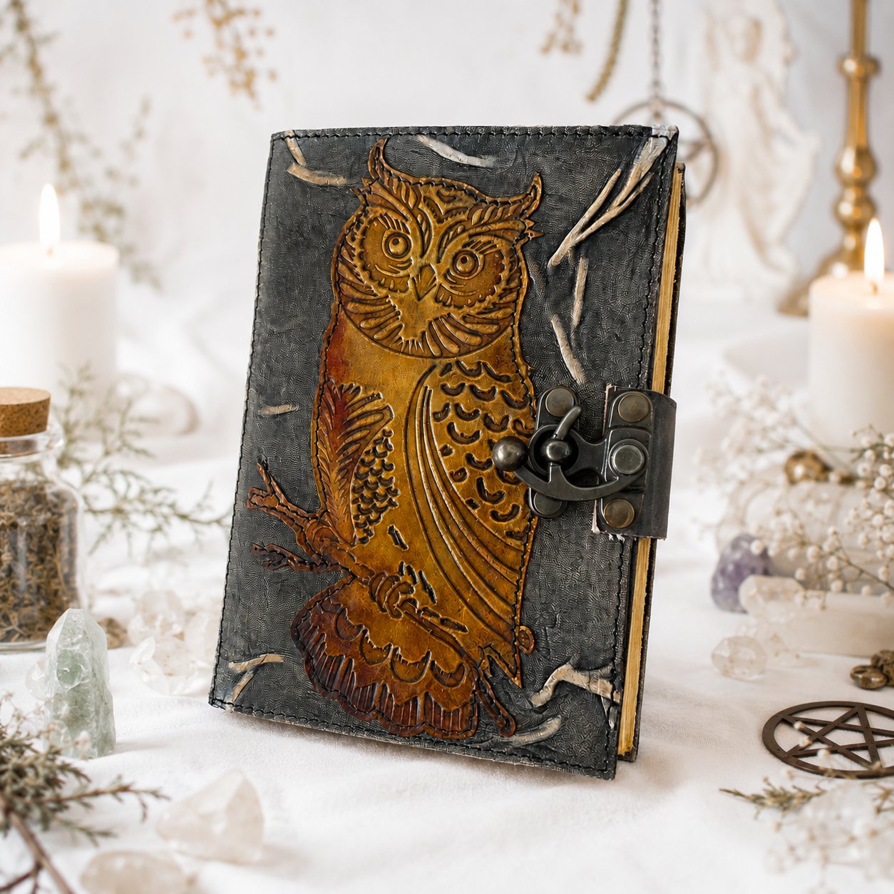 Owl Embossed Leather Journal with Brass Lock – Vintage Handmade Witch Grimoire – leather journal, open blank pages view