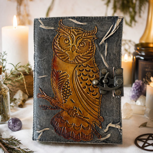 Owl Embossed Leather Journal with Brass Lock – Vintage Handmade Witch Grimoire – leather journal, front cover view