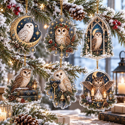 Owl Familiar Witchy Acrylic Ornament Set – Moon Yule Christmas Decor – set of 6 acrylic ornaments